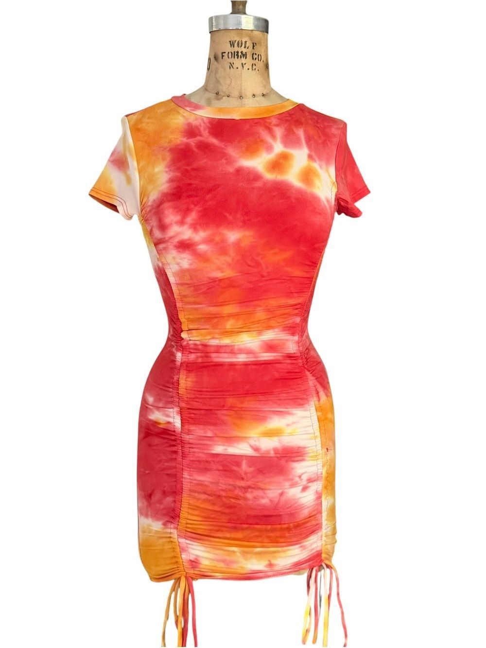 JANUARY 7 Tie-Dye Ruched Bodycon Mini Dress Orange, Pink Sunset Size S